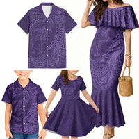 Hawaiian Turtle and Shark Family Matching Mermaid Dress and Hawaiian Shirt Kakau Tribal with Polynesian Pattern Purple Color LT03 - Polynesian Pride