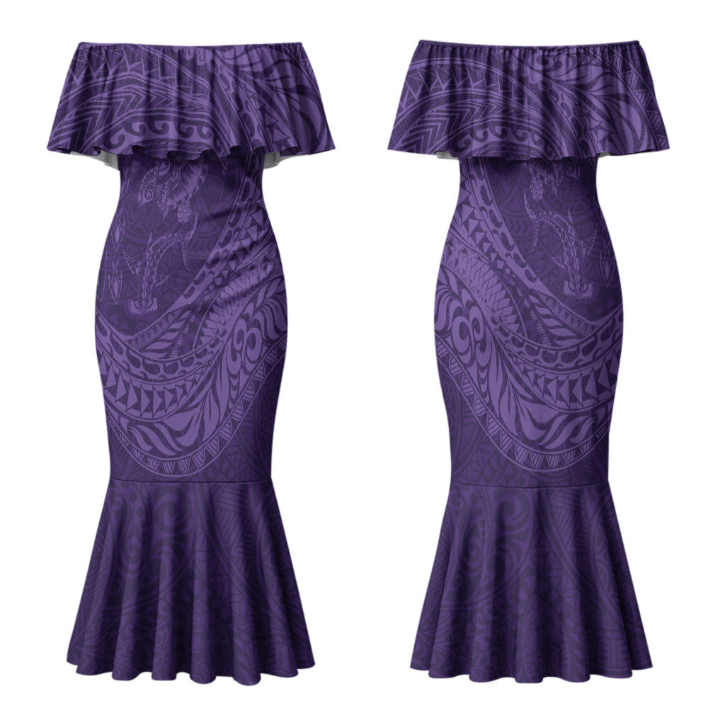 Hawaiian Turtle and Shark Family Matching Mermaid Dress and Hawaiian Shirt Kakau Tribal with Polynesian Pattern Purple Color LT03 Mom's Dress Purple - Polynesian Pride