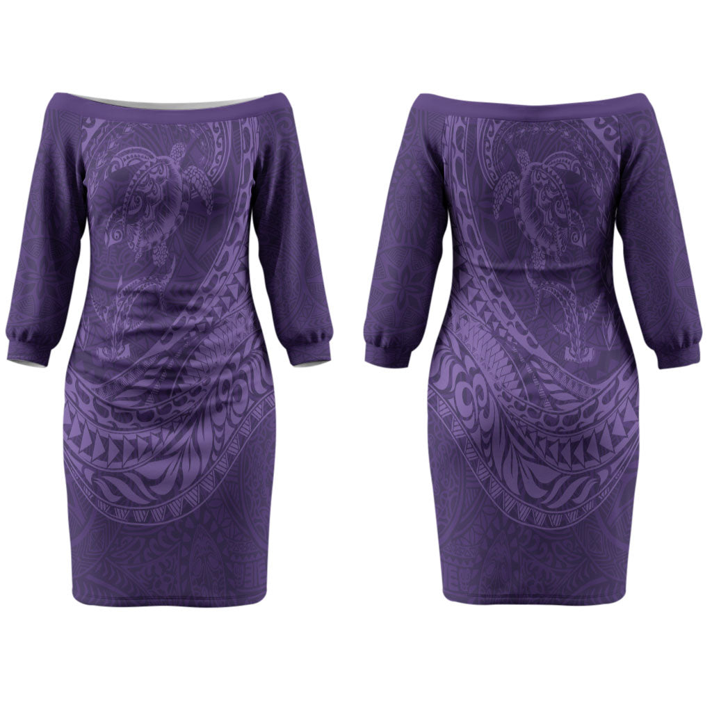 Hawaiian Turtle and Shark Family Matching Off The Shoulder Long Sleeve Dress and Hawaiian Shirt Kakau Tribal with Polynesian Pattern Purple Color LT03 Mom's Dress Purple - Polynesian Pride