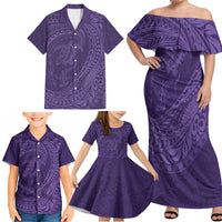Hawaiian Turtle and Shark Family Matching Off Shoulder Maxi Dress and Hawaiian Shirt Kakau Tribal with Polynesian Pattern Purple Color LT03 - Polynesian Pride