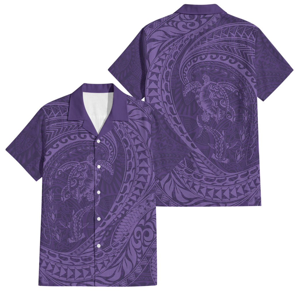 Hawaiian Turtle and Shark Family Matching Off Shoulder Maxi Dress and Hawaiian Shirt Kakau Tribal with Polynesian Pattern Purple Color LT03 Dad's Shirt - Short Sleeve Purple - Polynesian Pride