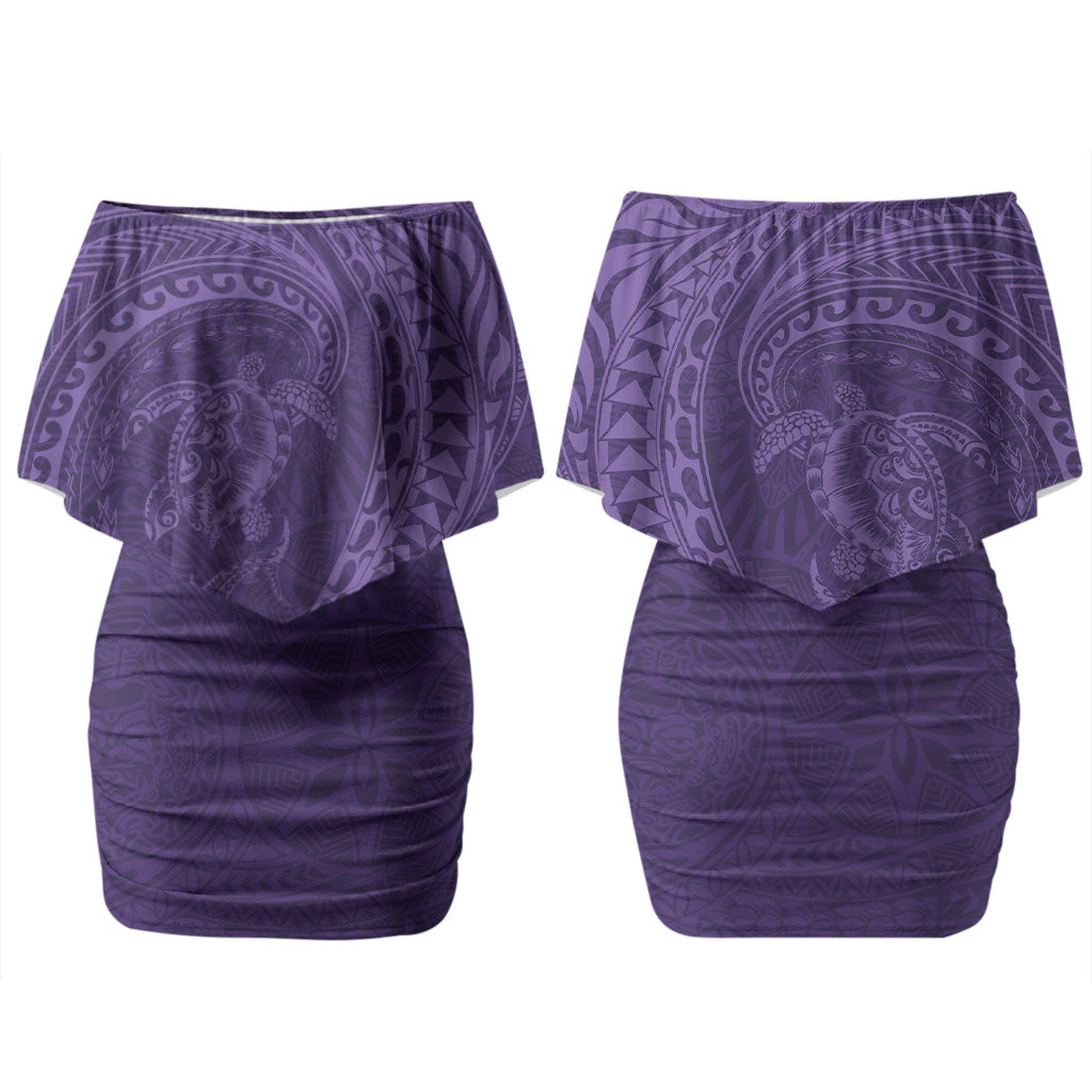 Hawaiian Turtle and Shark Family Matching Off Shoulder Short Dress and Hawaiian Shirt Kakau Tribal with Polynesian Pattern Purple Color LT03 Mom's Dress Purple - Polynesian Pride