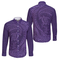 Hawaiian Turtle and Shark Family Matching Off Shoulder Short Dress and Hawaiian Shirt Kakau Tribal with Polynesian Pattern Purple Color LT03 Dad's Shirt - Long Sleeve Purple - Polynesian Pride