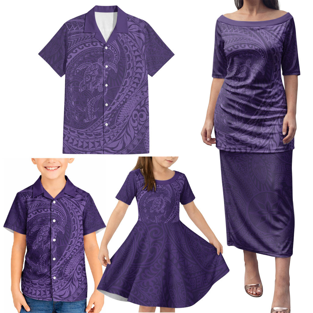 Hawaiian Turtle and Shark Family Matching Puletasi and Hawaiian Shirt Kakau Tribal with Polynesian Pattern Purple Color LT03 - Polynesian Pride