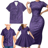 Hawaiian Turtle and Shark Family Matching Short Sleeve Bodycon Dress and Hawaiian Shirt Kakau Tribal with Polynesian Pattern Purple Color LT03 - Polynesian Pride