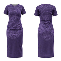 Hawaiian Turtle and Shark Family Matching Short Sleeve Bodycon Dress and Hawaiian Shirt Kakau Tribal with Polynesian Pattern Purple Color LT03 Mom's Dress Purple - Polynesian Pride