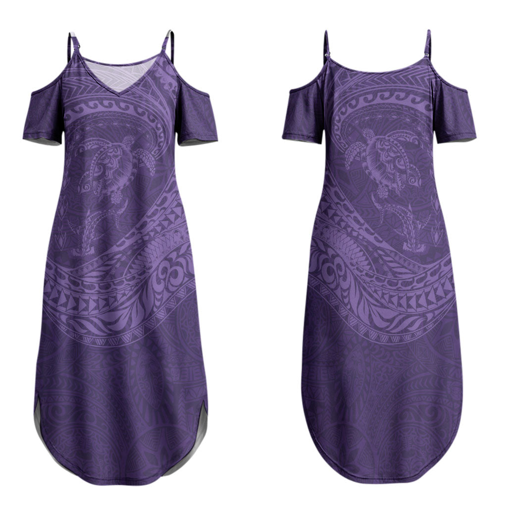 Hawaiian Turtle and Shark Family Matching Summer Maxi Dress and Hawaiian Shirt Kakau Tribal with Polynesian Pattern Purple Color LT03 Mom's Dress Purple - Polynesian Pride