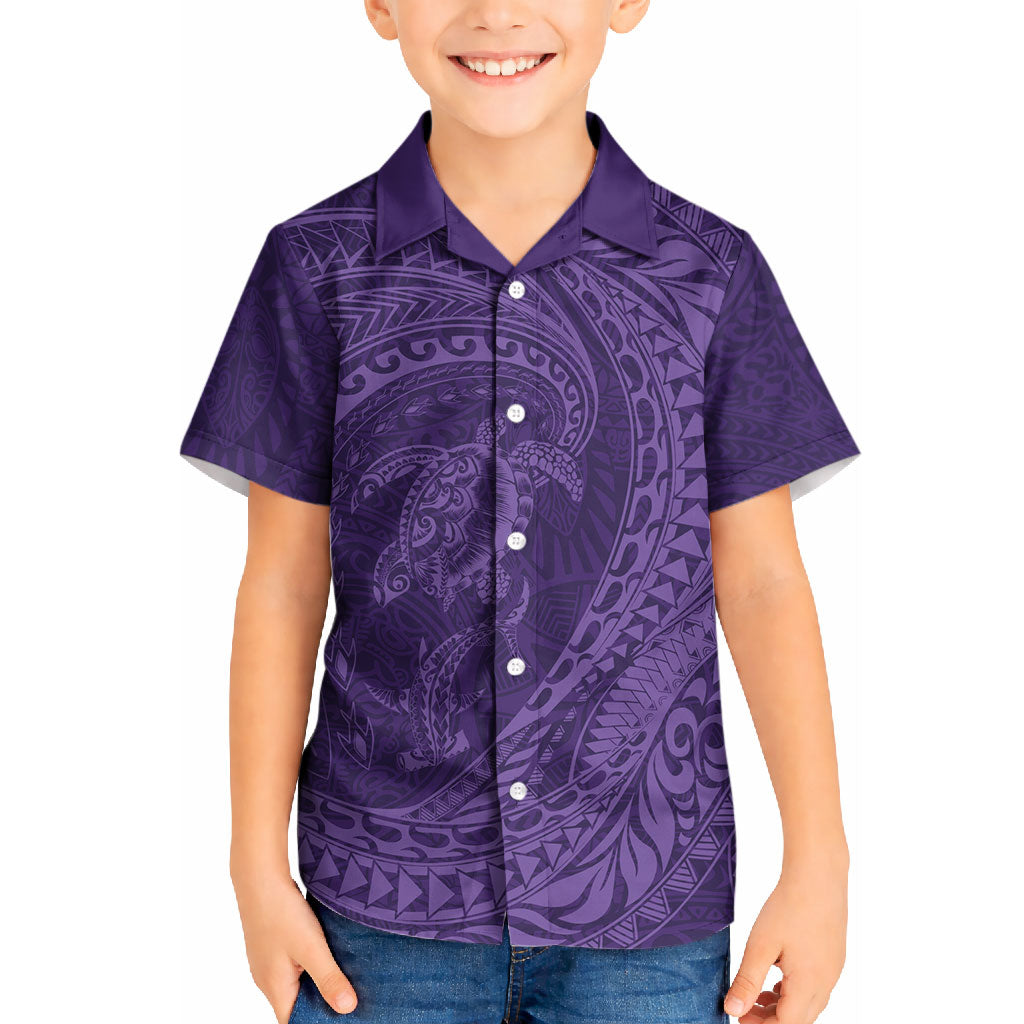 Hawaiian Turtle and Shark Kid Hawaiian Shirt Kakau Tribal with Polynesian Pattern Purple Color LT03 Kid Purple - Polynesian Pride