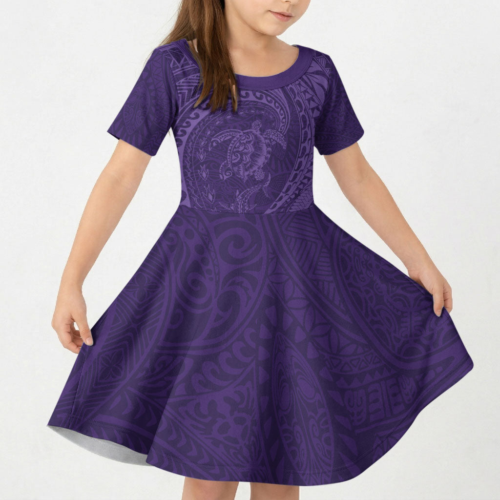Hawaiian Turtle and Shark Kid Short Sleeve Dress Kakau Tribal with Polynesian Pattern Purple Color LT03 KID Purple - Polynesian Pride
