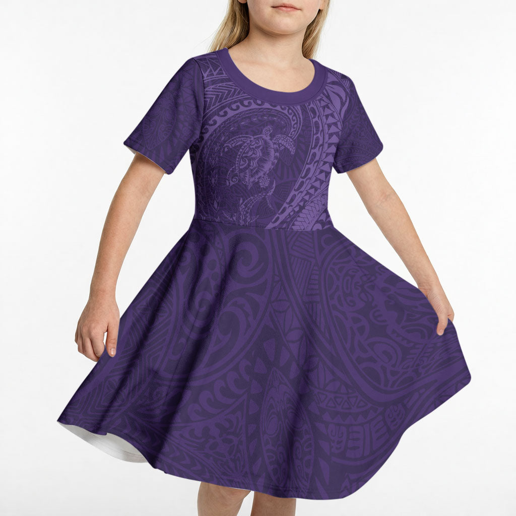 Hawaiian Turtle and Shark Kid Short Sleeve Dress Kakau Tribal with Polynesian Pattern Purple Color LT03 - Polynesian Pride