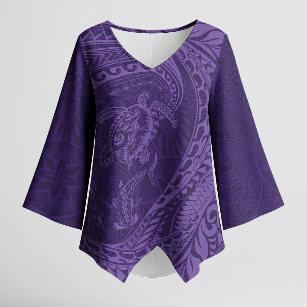 Hawaiian Turtle and Shark Kimono Sleeve Blouse Kakau Tribal with Polynesian Pattern Purple Color LT03 Female Purple - Polynesian Pride