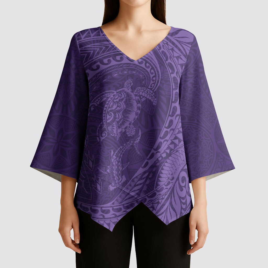 Hawaiian Turtle and Shark Kimono Sleeve Blouse Kakau Tribal with Polynesian Pattern Purple Color LT03 - Polynesian Pride