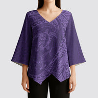 Hawaiian Turtle and Shark Kimono Sleeve Blouse Kakau Tribal with Polynesian Pattern Purple Color LT03 - Polynesian Pride