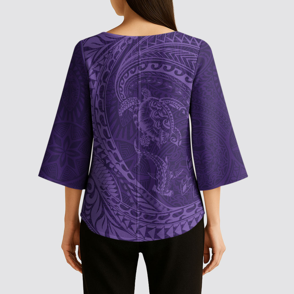 Hawaiian Turtle and Shark Kimono Sleeve Blouse Kakau Tribal with Polynesian Pattern Purple Color LT03 - Polynesian Pride