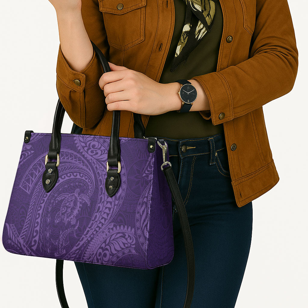 Hawaiian Turtle and Shark Leather Bag Kakau Tribal with Polynesian Pattern Purple Color LT03 - Polynesian Pride
