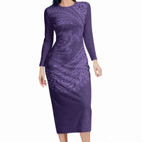Hawaiian Turtle and Shark Long Sleeve Bodycon Dress Kakau Tribal with Polynesian Pattern Purple Color LT03 Long Dress Purple - Polynesian Pride