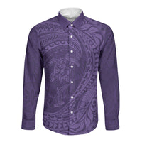 Hawaiian Turtle and Shark Long Sleeve Button Shirt Kakau Tribal with Polynesian Pattern Purple Color LT03 Unisex Purple - Polynesian Pride