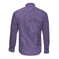 Hawaiian Turtle and Shark Long Sleeve Button Shirt Kakau Tribal with Polynesian Pattern Purple Color LT03 - Polynesian Pride