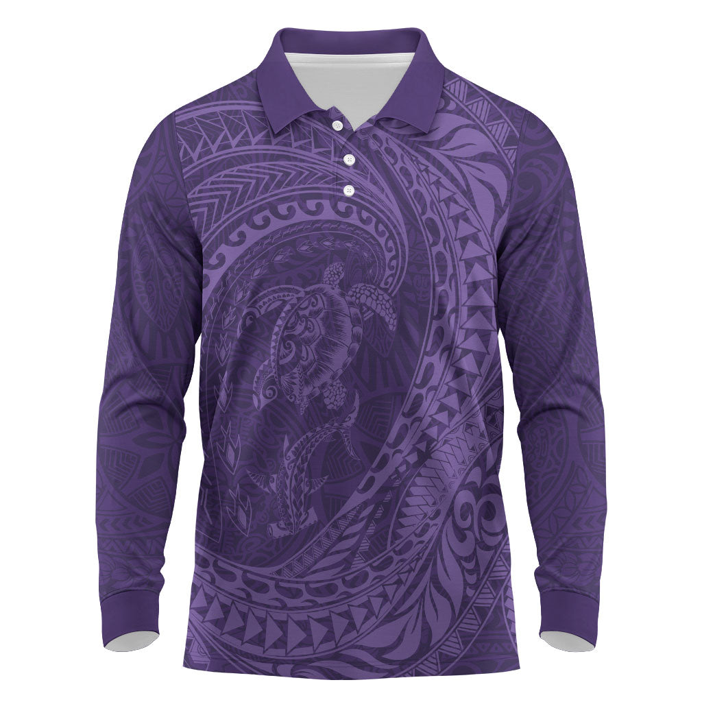 Hawaiian Turtle and Shark Long Sleeve Polo Shirt Kakau Tribal with Polynesian Pattern Purple Color LT03 Purple - Polynesian Pride