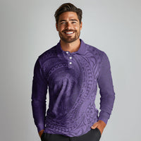 Hawaiian Turtle and Shark Long Sleeve Polo Shirt Kakau Tribal with Polynesian Pattern Purple Color LT03 - Polynesian Pride