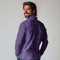 Hawaiian Turtle and Shark Long Sleeve Polo Shirt Kakau Tribal with Polynesian Pattern Purple Color LT03 - Polynesian Pride