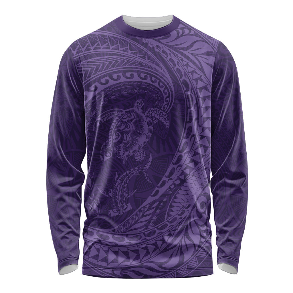 Hawaiian Turtle and Shark Long Sleeve Shirt Kakau Tribal with Polynesian Pattern Purple Color LT03 Unisex Purple - Polynesian Pride