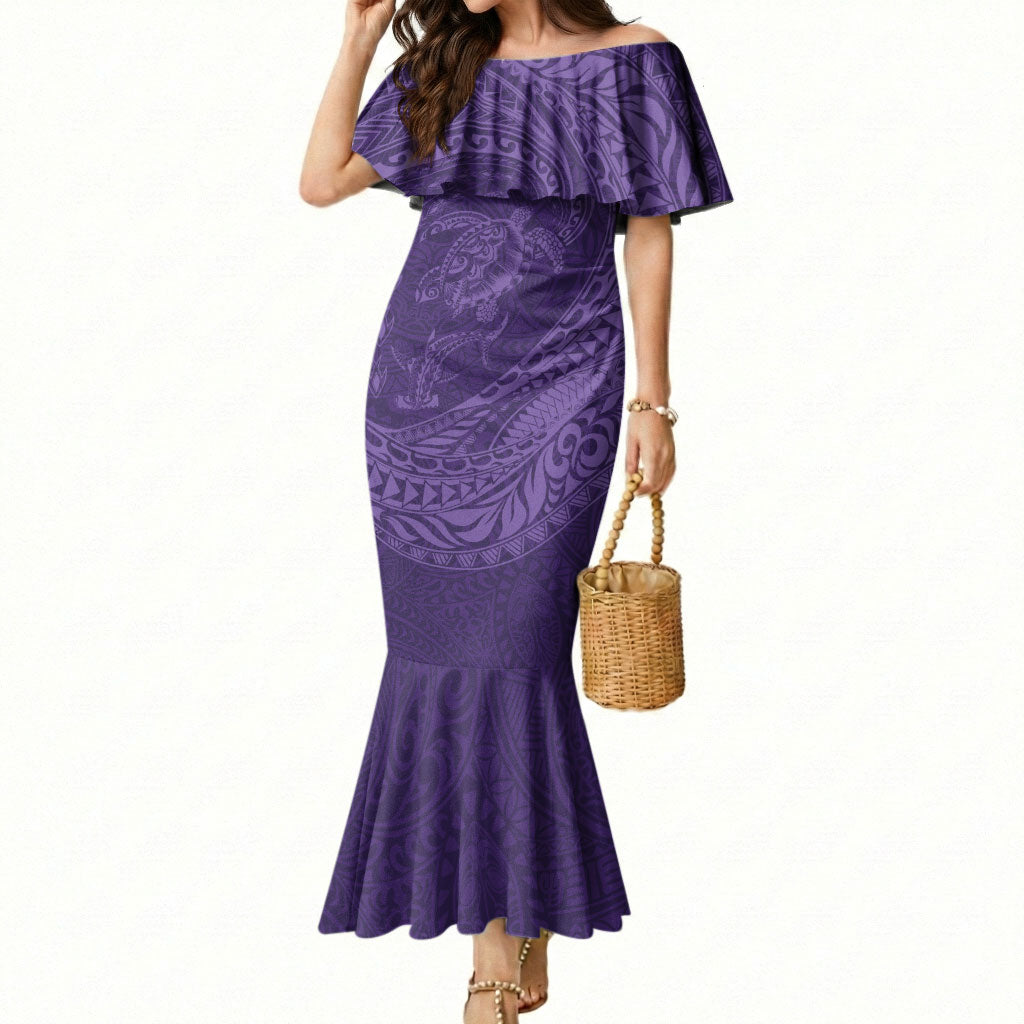 Hawaiian Turtle and Shark Mermaid Dress Kakau Tribal with Polynesian Pattern Purple Color LT03 Women Purple - Polynesian Pride
