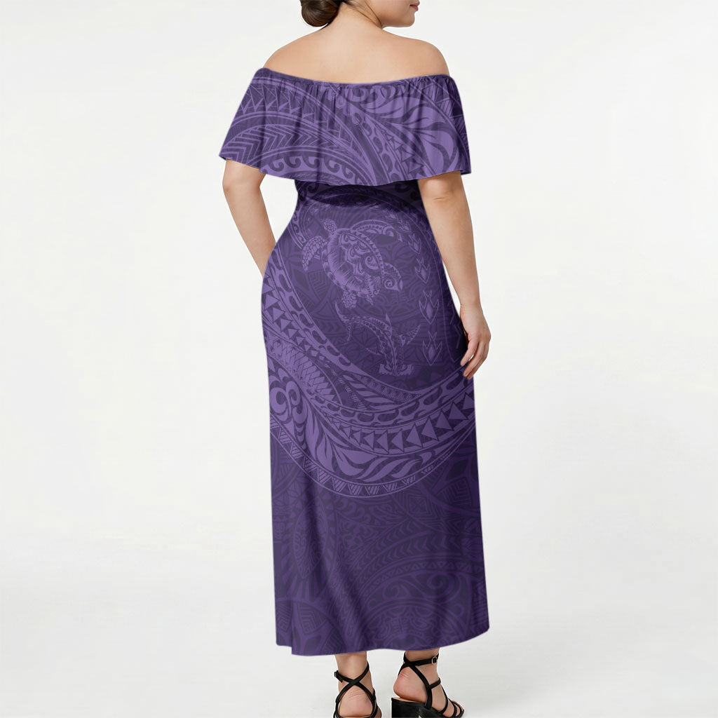 Hawaiian Turtle and Shark Off Shoulder Maxi Dress Kakau Tribal with Polynesian Pattern Purple Color LT03 - Polynesian Pride