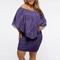 Hawaiian Turtle and Shark Off Shoulder Short Dress Kakau Tribal with Polynesian Pattern Purple Color LT03 Women Purple - Polynesian Pride
