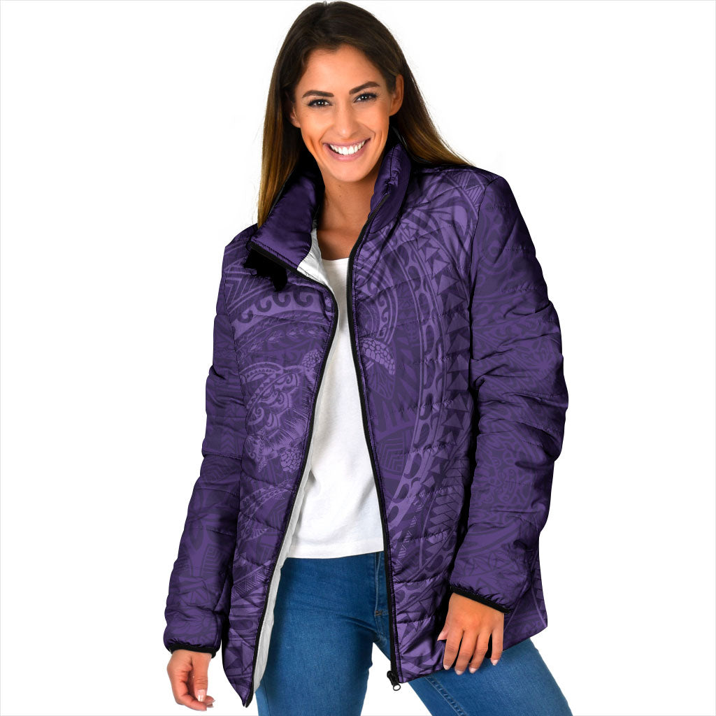 Hawaiian Turtle and Shark Padded Jacket Kakau Tribal with Polynesian Pattern Purple Color LT03 Women Purple - Polynesian Pride