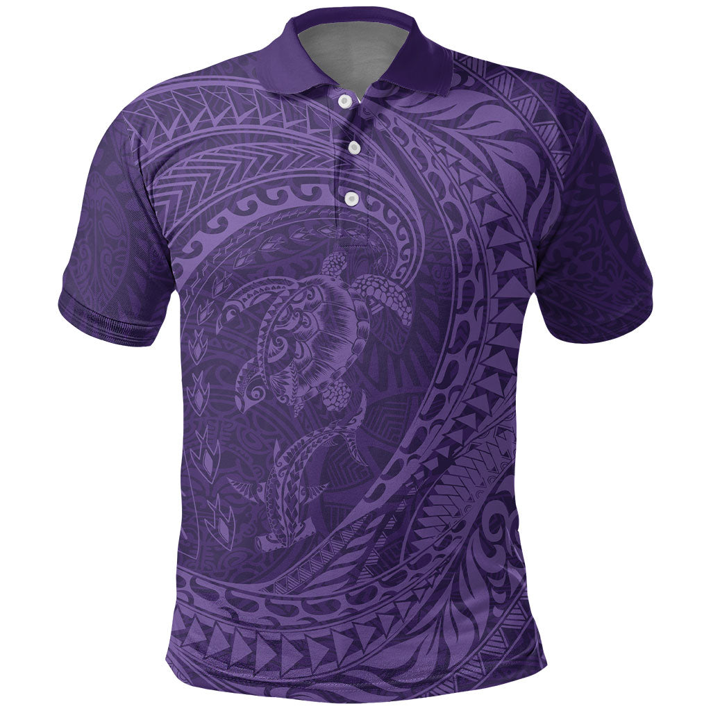 Hawaiian Turtle and Shark Polo Shirt Kakau Tribal with Polynesian Pattern Purple Color LT03 Purple - Polynesian Pride