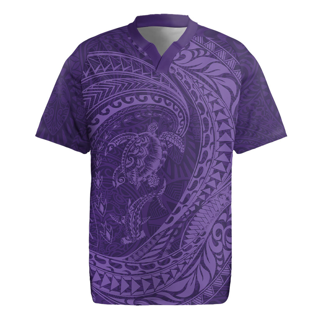 Hawaiian Turtle and Shark Rugby Jersey Kakau Tribal with Polynesian Pattern Purple Color LT03 Purple - Polynesian Pride