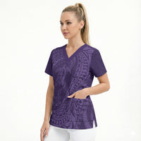 Hawaiian Turtle and Shark Scrub Top Kakau Tribal with Polynesian Pattern Purple Color LT03 - Polynesian Pride