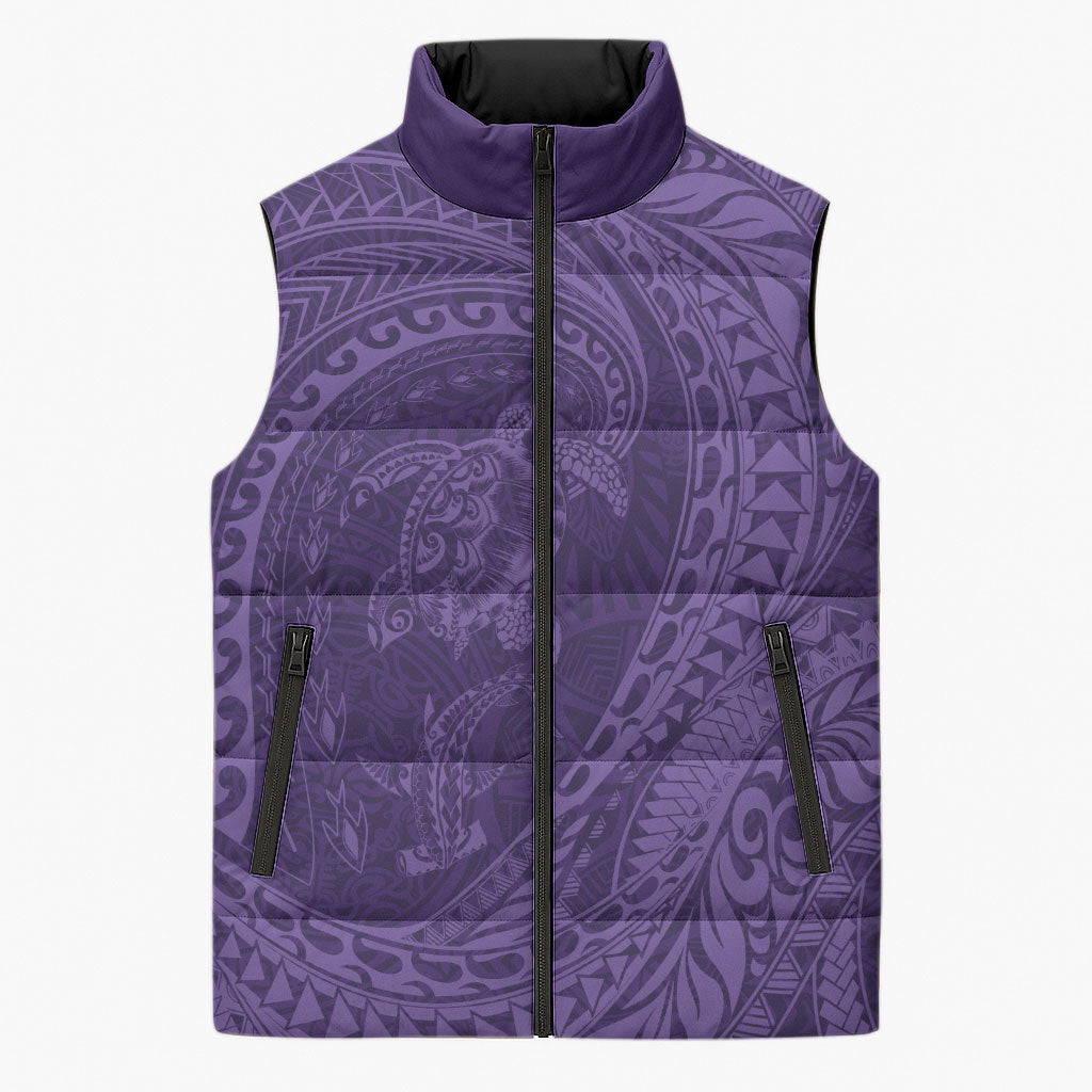 Hawaiian Turtle and Shark Sleeveless Puffer Jacket Kakau Tribal with Polynesian Pattern Purple Color LT03 Unisex Purple - Polynesian Pride