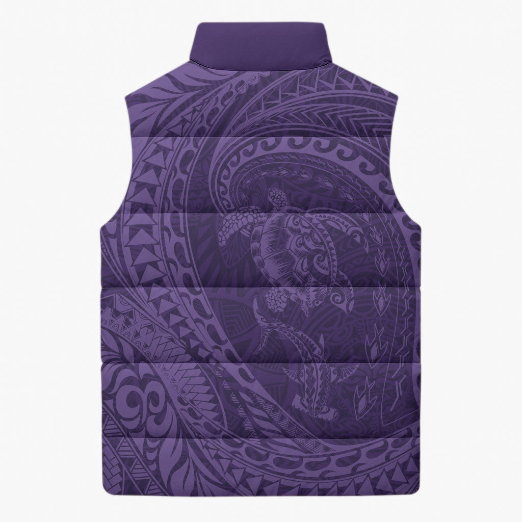 Hawaiian Turtle and Shark Sleeveless Puffer Jacket Kakau Tribal with Polynesian Pattern Purple Color LT03 - Polynesian Pride