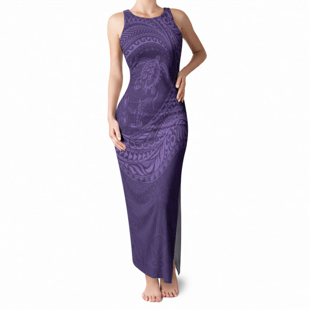 Hawaiian Turtle and Shark Tank Maxi Dress Kakau Tribal with Polynesian Pattern Purple Color LT03 Women Purple - Polynesian Pride