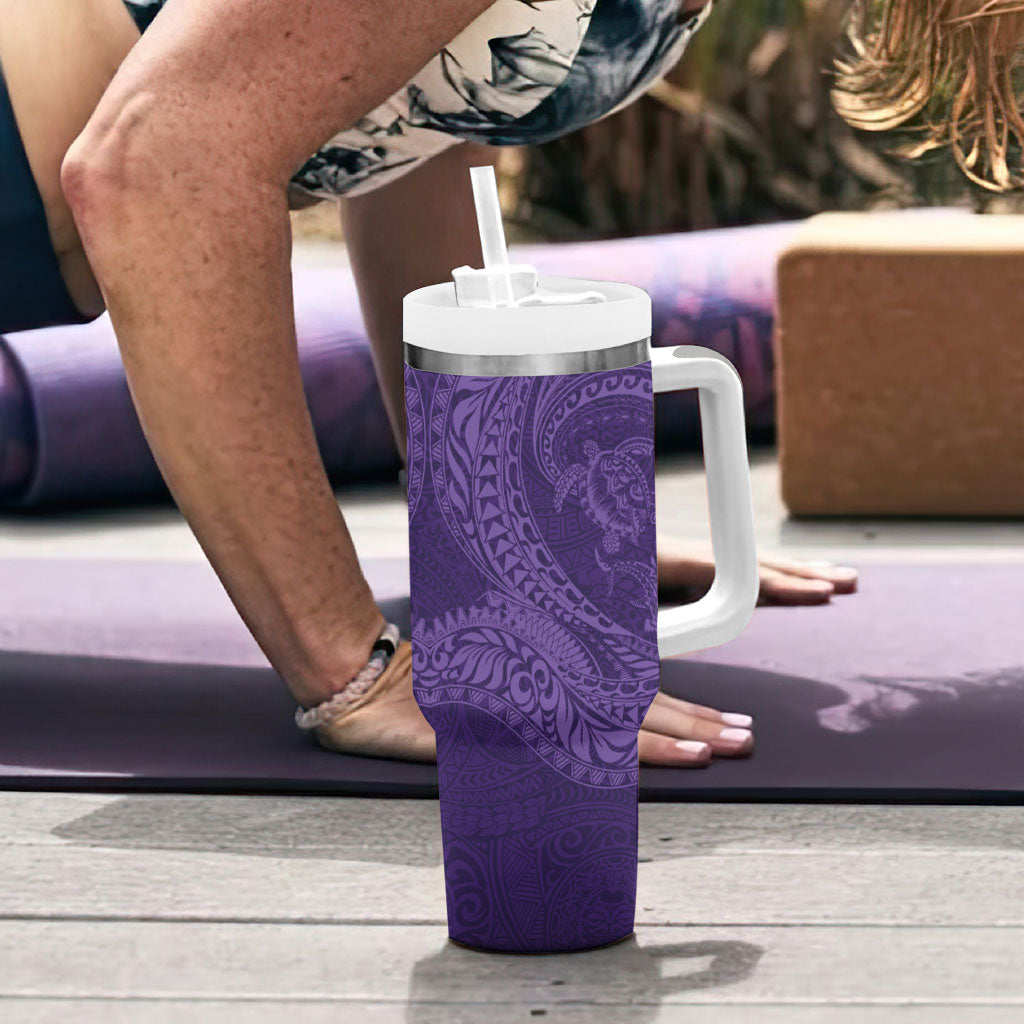 Hawaiian Turtle and Shark Tumbler With Handle Kakau Tribal with Polynesian Pattern Purple Color LT03 - Polynesian Pride