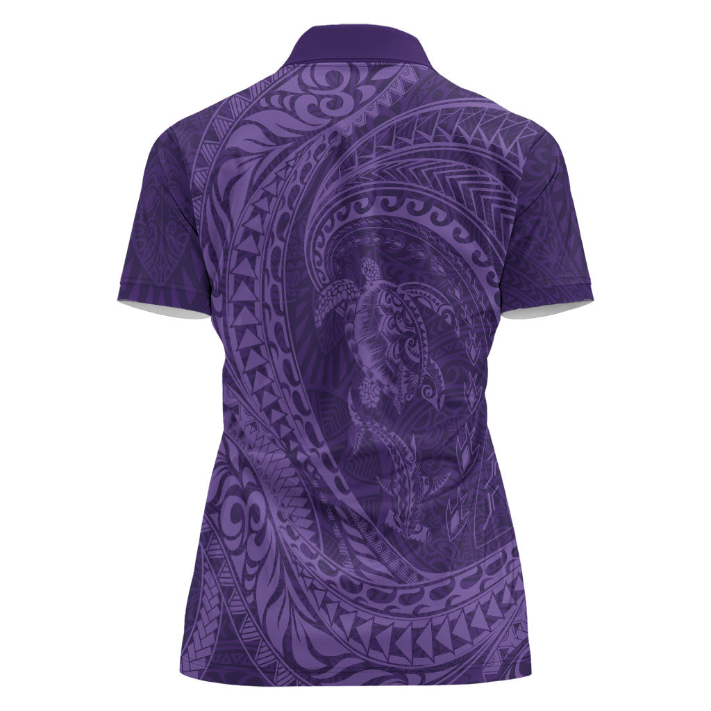 Hawaiian Turtle and Shark Women Polo Shirt Kakau Tribal with Polynesian Pattern Purple Color LT03 - Polynesian Pride