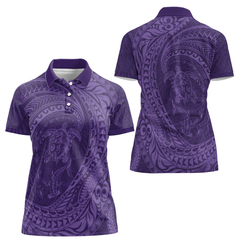 Hawaiian Turtle and Shark Women Polo Shirt Kakau Tribal with Polynesian Pattern Purple Color LT03 - Polynesian Pride