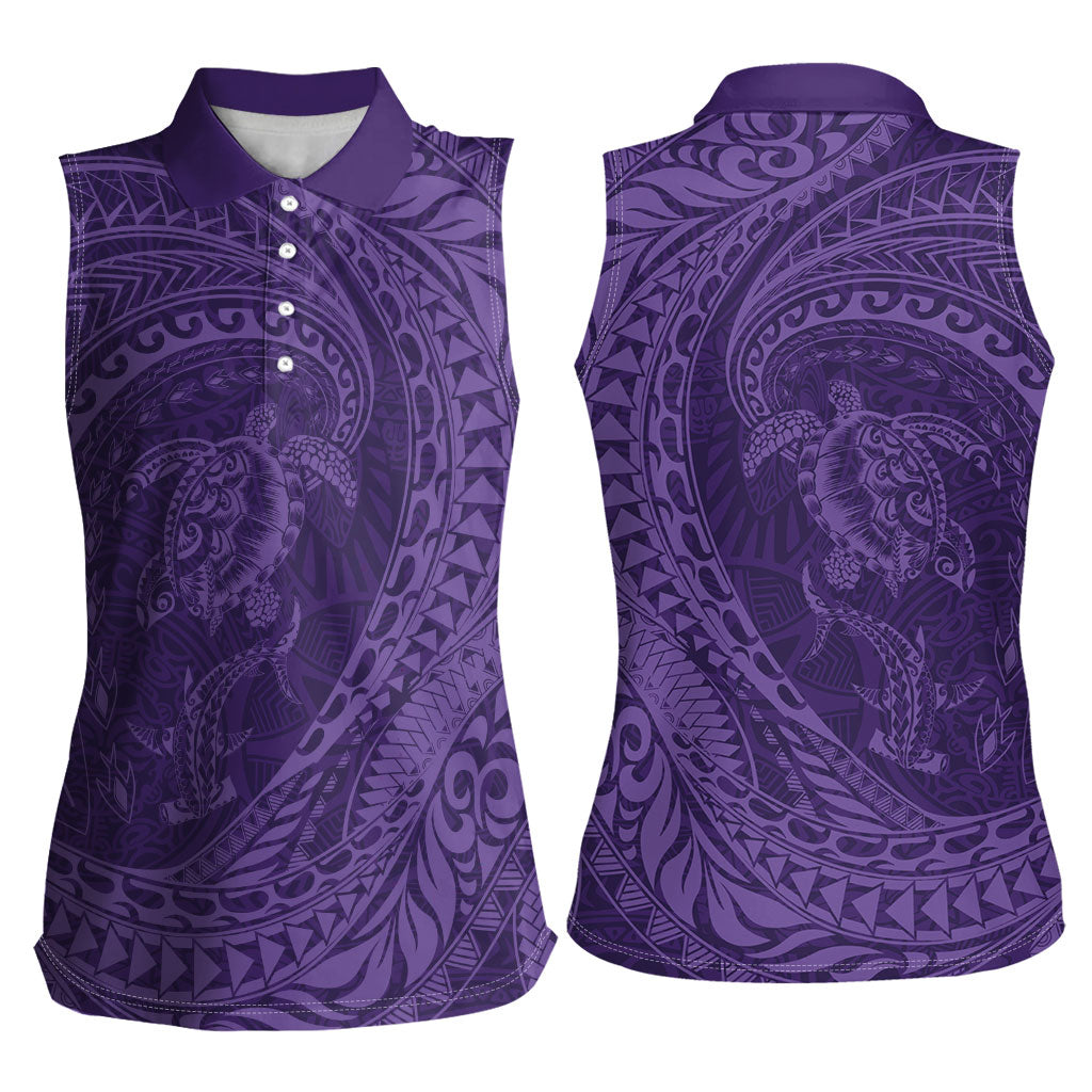 Hawaiian Turtle and Shark Women Sleeveless Polo Shirt Kakau Tribal with Polynesian Pattern Purple Color LT03 - Polynesian Pride