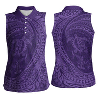 Hawaiian Turtle and Shark Women Sleeveless Polo Shirt Kakau Tribal with Polynesian Pattern Purple Color LT03 - Polynesian Pride