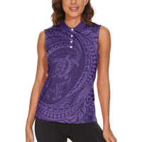 Hawaiian Turtle and Shark Women Sleeveless Polo Shirt Kakau Tribal with Polynesian Pattern Purple Color LT03 - Polynesian Pride