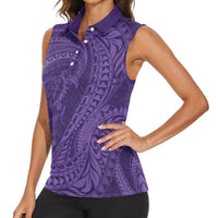 Hawaiian Turtle and Shark Women Sleeveless Polo Shirt Kakau Tribal with Polynesian Pattern Purple Color LT03 - Polynesian Pride