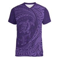 Hawaiian Turtle and Shark Women V-Neck T-Shirt Kakau Tribal with Polynesian Pattern Purple Color LT03 Female Purple - Polynesian Pride