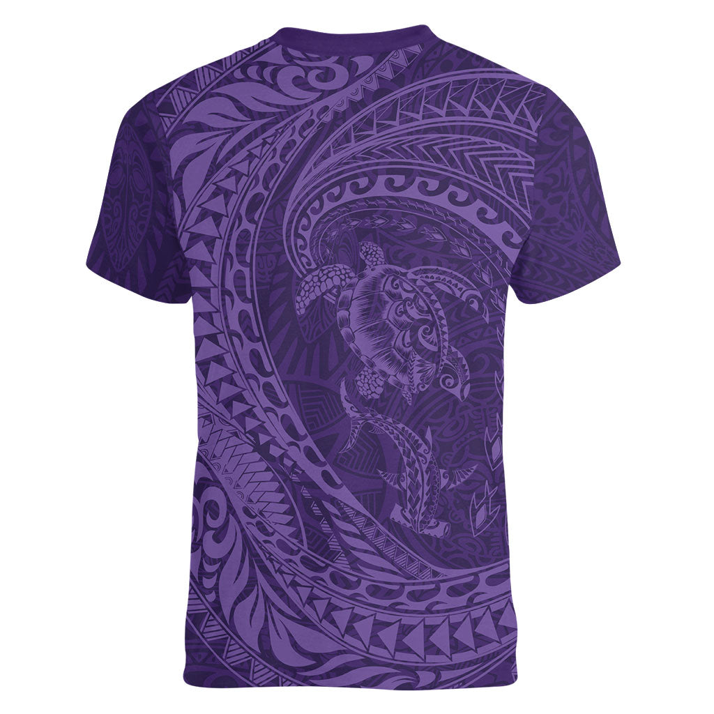 Hawaiian Turtle and Shark Women V-Neck T-Shirt Kakau Tribal with Polynesian Pattern Purple Color LT03 - Polynesian Pride