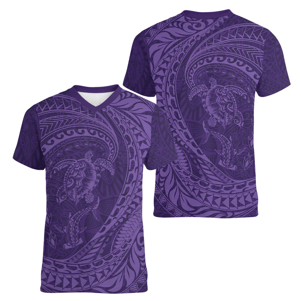Hawaiian Turtle and Shark Women V-Neck T-Shirt Kakau Tribal with Polynesian Pattern Purple Color LT03 - Polynesian Pride