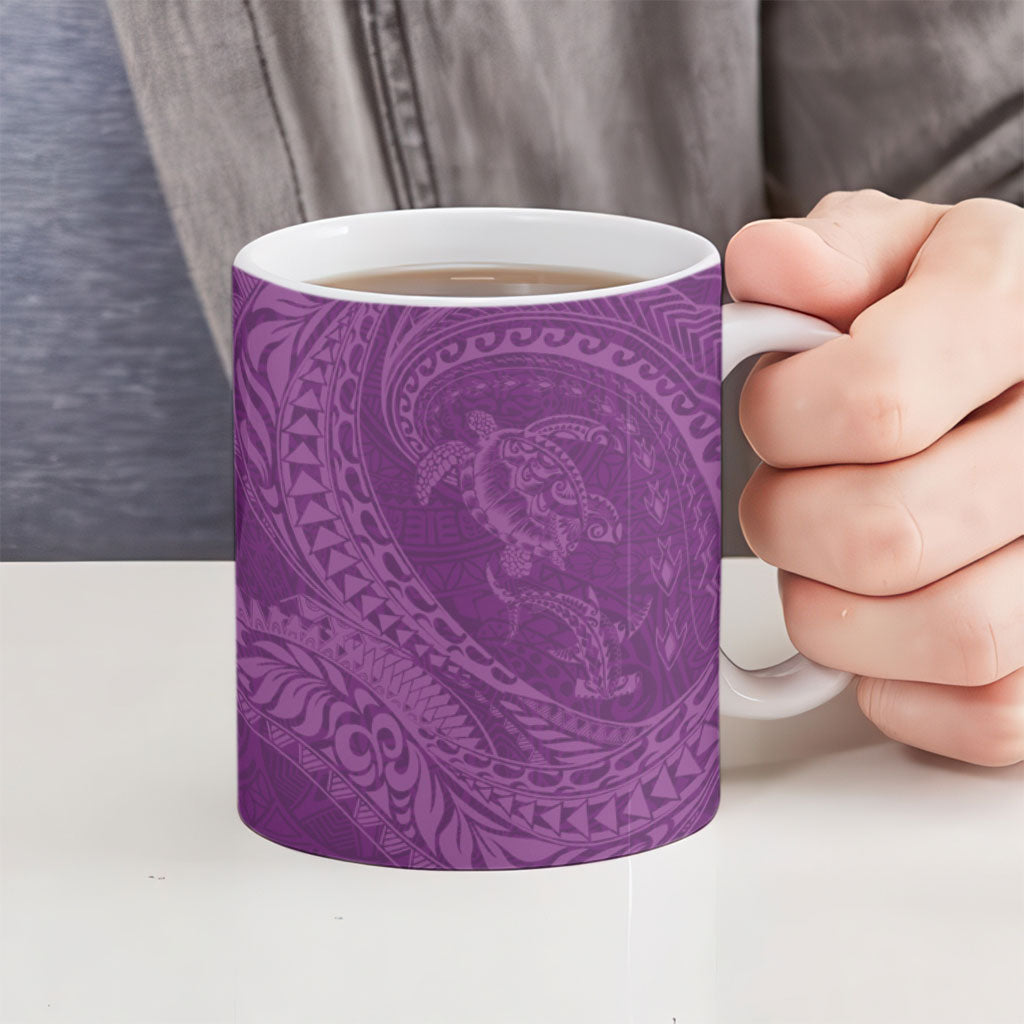 Hawaiian Turtle and Shark Ceramic Mug Kakau Tribal with Polynesian Pattern Pink Color LT03 - Polynesian Pride