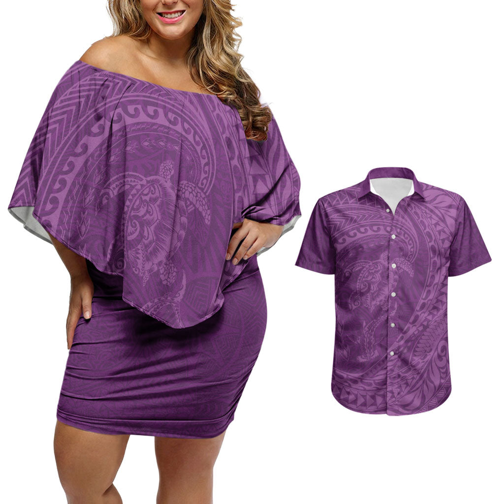 Hawaiian Turtle and Shark Couples Matching Off Shoulder Short Dress and Hawaiian Shirt Kakau Tribal with Polynesian Pattern Pink Color LT03 Pink - Polynesian Pride