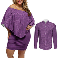 Hawaiian Turtle and Shark Couples Matching Off Shoulder Short Dress and Long Sleeve Button Shirt Kakau Tribal with Polynesian Pattern Pink Color LT03 Pink - Polynesian Pride