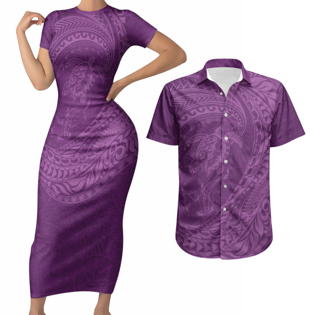 Hawaiian Turtle and Shark Couples Matching Short Sleeve Bodycon Dress and Hawaiian Shirt Kakau Tribal with Polynesian Pattern Pink Color LT03 Pink - Polynesian Pride